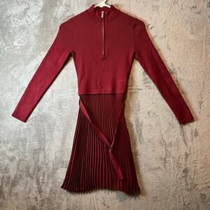 Karen Millen Pleated Short Skirt Knitted Fit & Flare Dress Size XS‎ Wine Belted